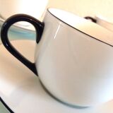 Set of eight white porcelain cups with blue edging / vintage 70s-80s