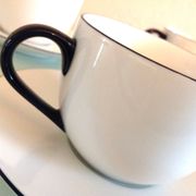 Set of eight white porcelain cups with blue edging / vintage 70s-80s