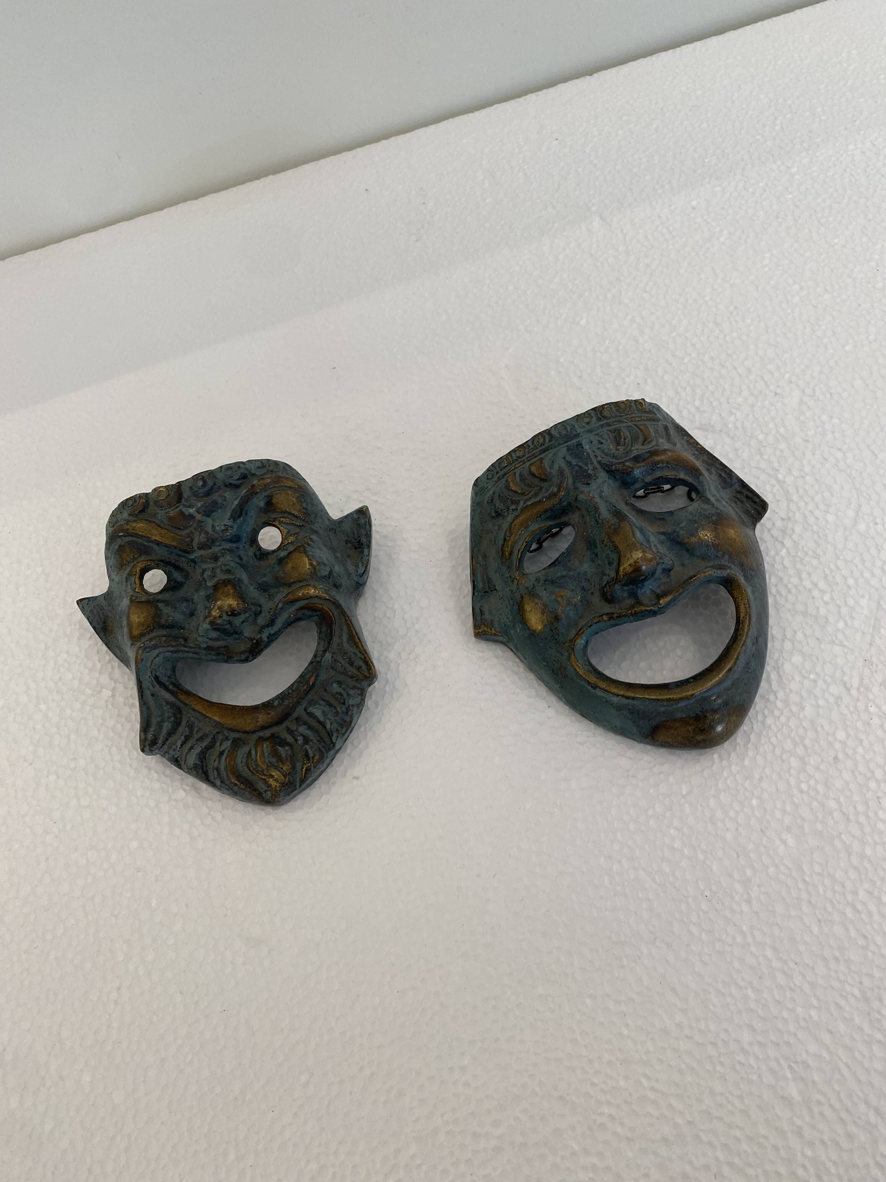 Pair of Small Decorative Bronze/Brass Greek Theatre Masks Wall Hangings, 19
