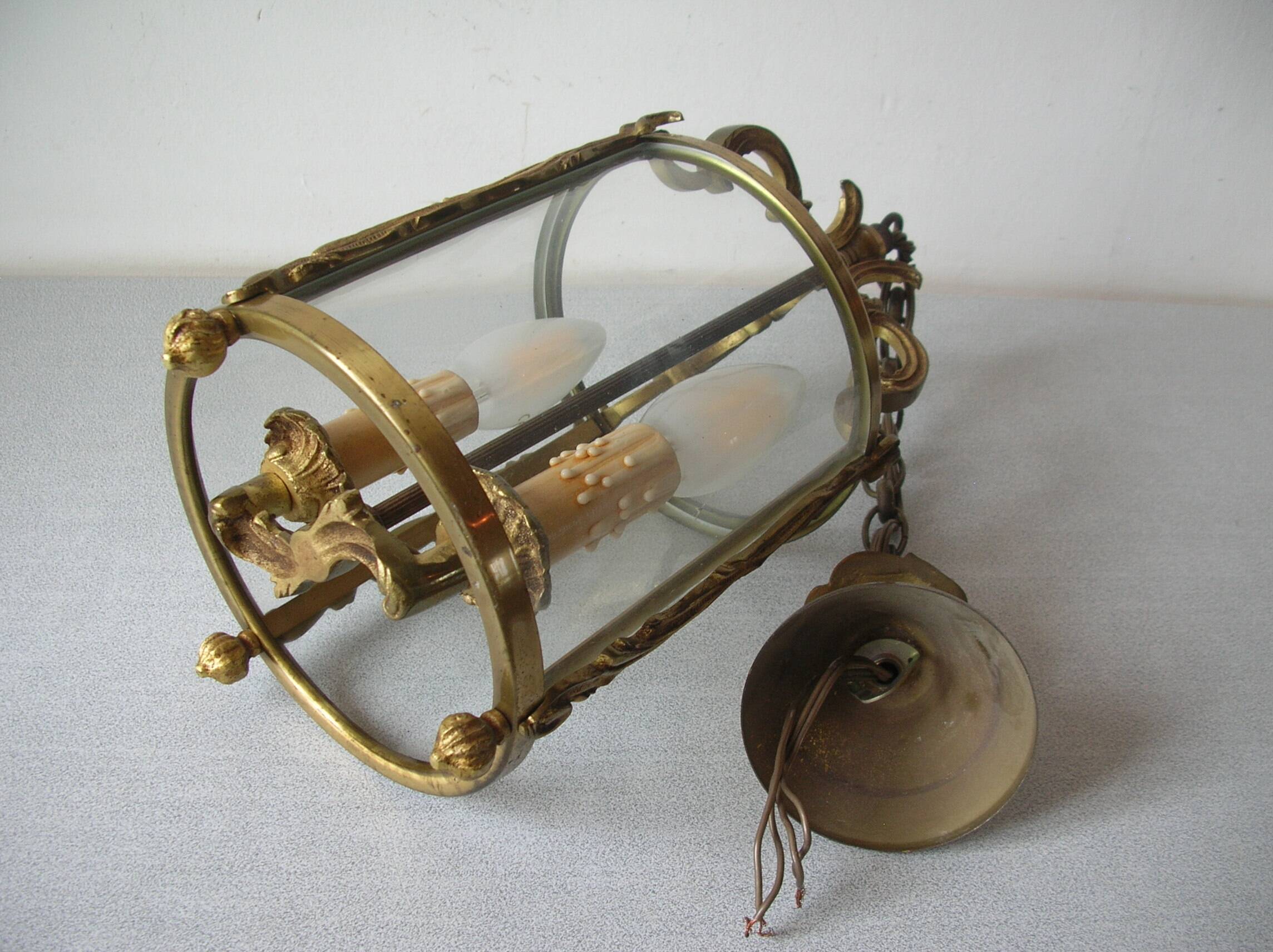 Old pendant lantern light fixture 2 lights in bronze glass decoration hall entrance