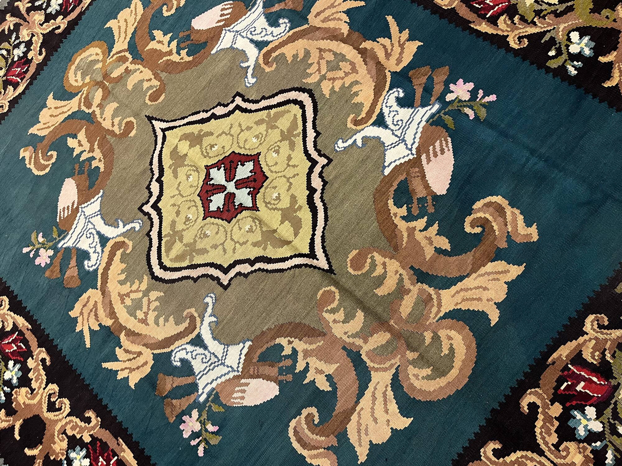 Teal Green Kilim Rug Handwoven Oriental Carpet Moldavian Area Square Rug