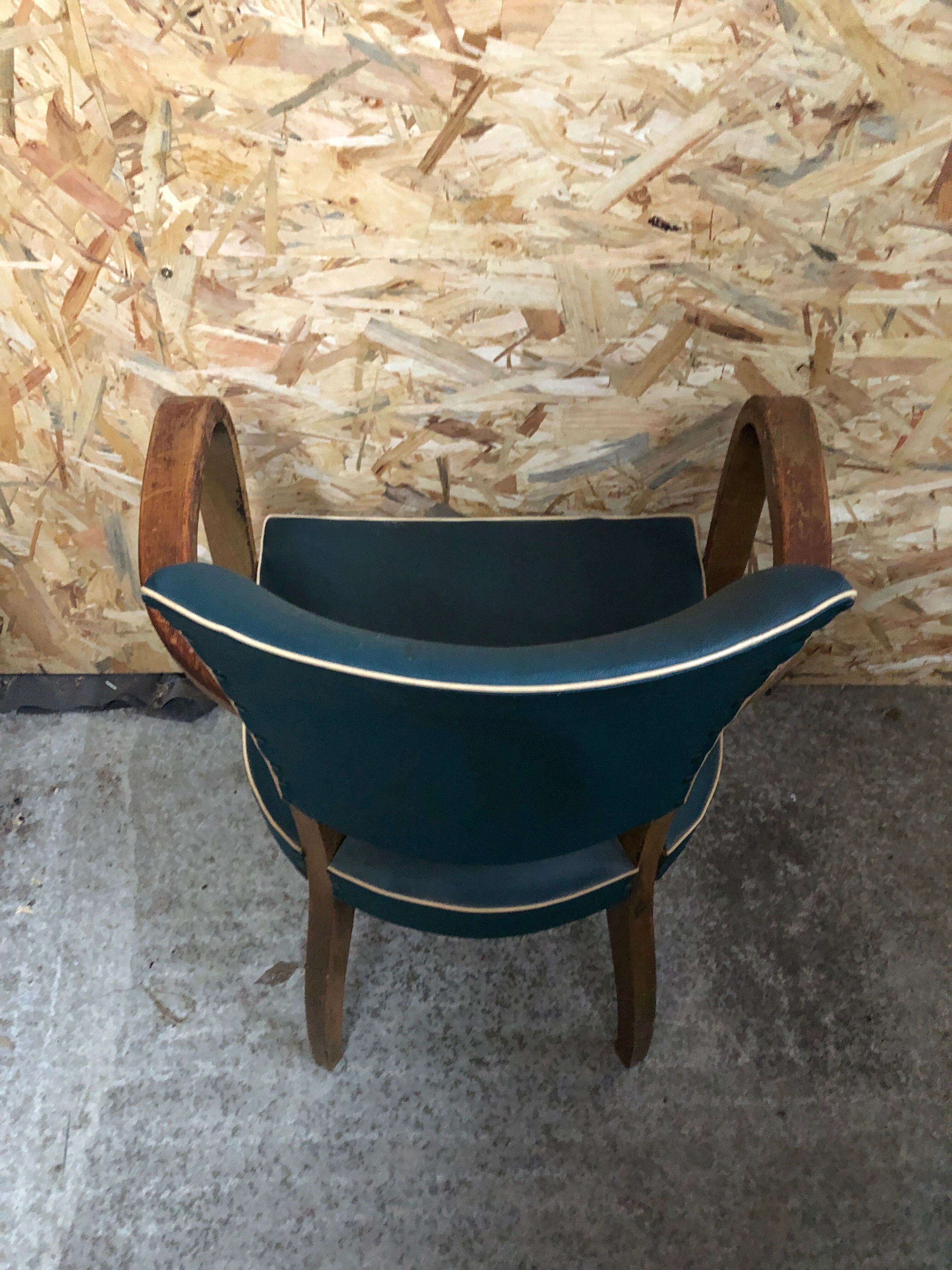 Old wooden bridge armchair + seat & back skaï vintage green