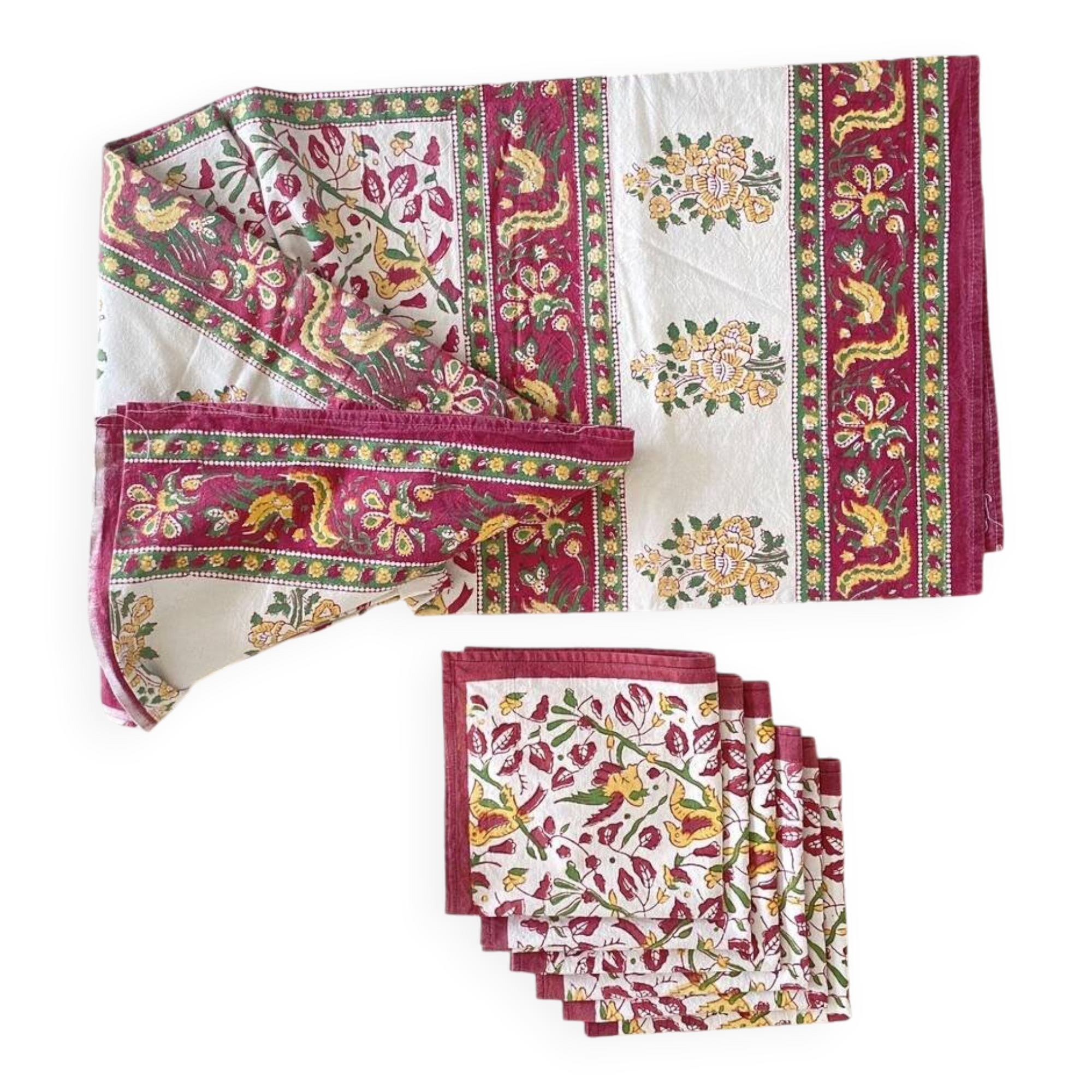 Indian tablecloth and its 6 napkins - Cotton - 220x150 cm