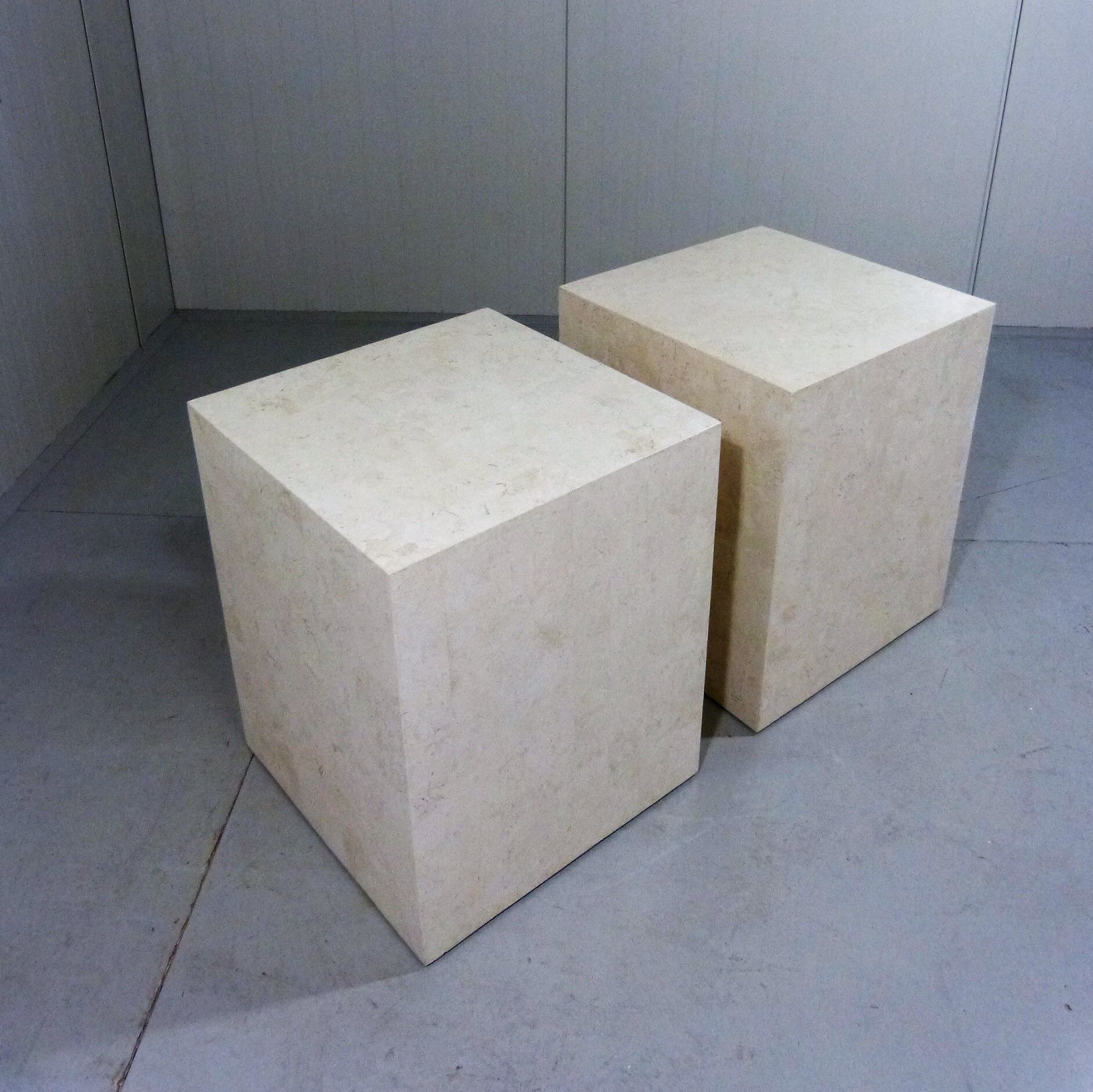 Set of 2 Italian travertine pedestals or side tables 1980’s