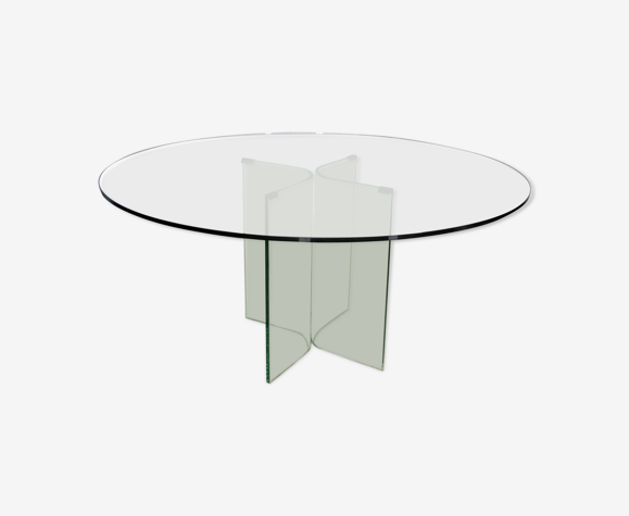 Table ronde en verre trempé, années 80
