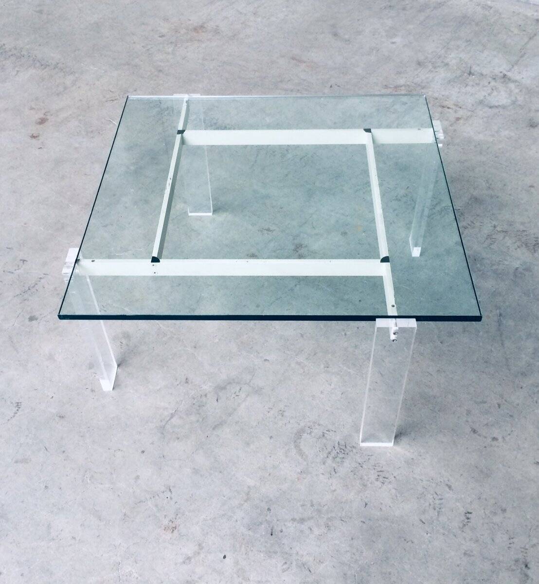 Danish Poul Kjaerholm Style Metal, Acrylic Glass & Glass Coffee Table, 1960s