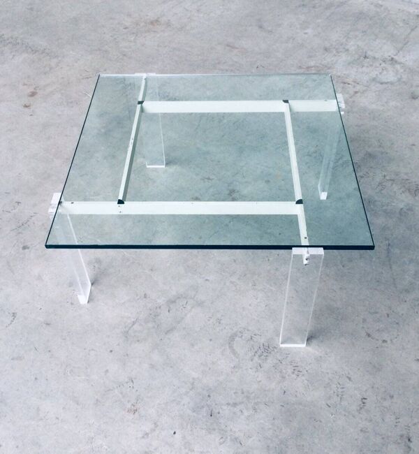 Danish Poul Kjaerholm Style Metal, Acrylic Glass & Glass Coffee Table, 1960s