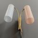 Brass wall lamp with a pink and a blue glass shade 1960s