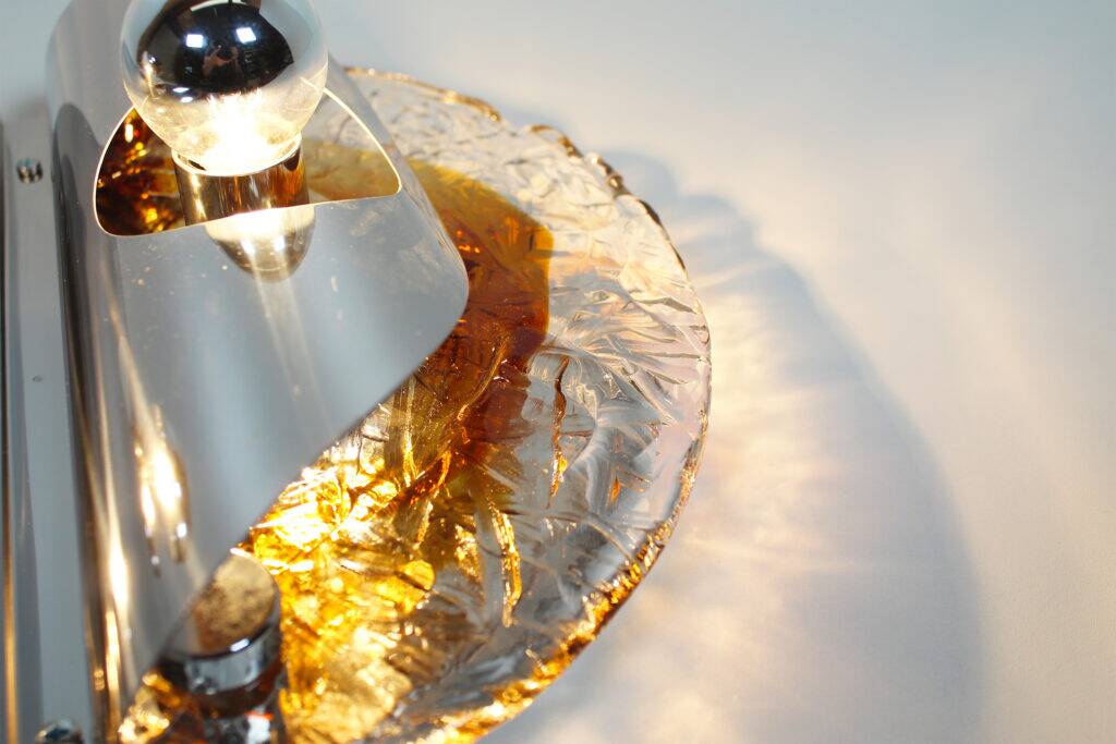 Stunning large pair of Murano glass and chrome wall lights by Mazzega