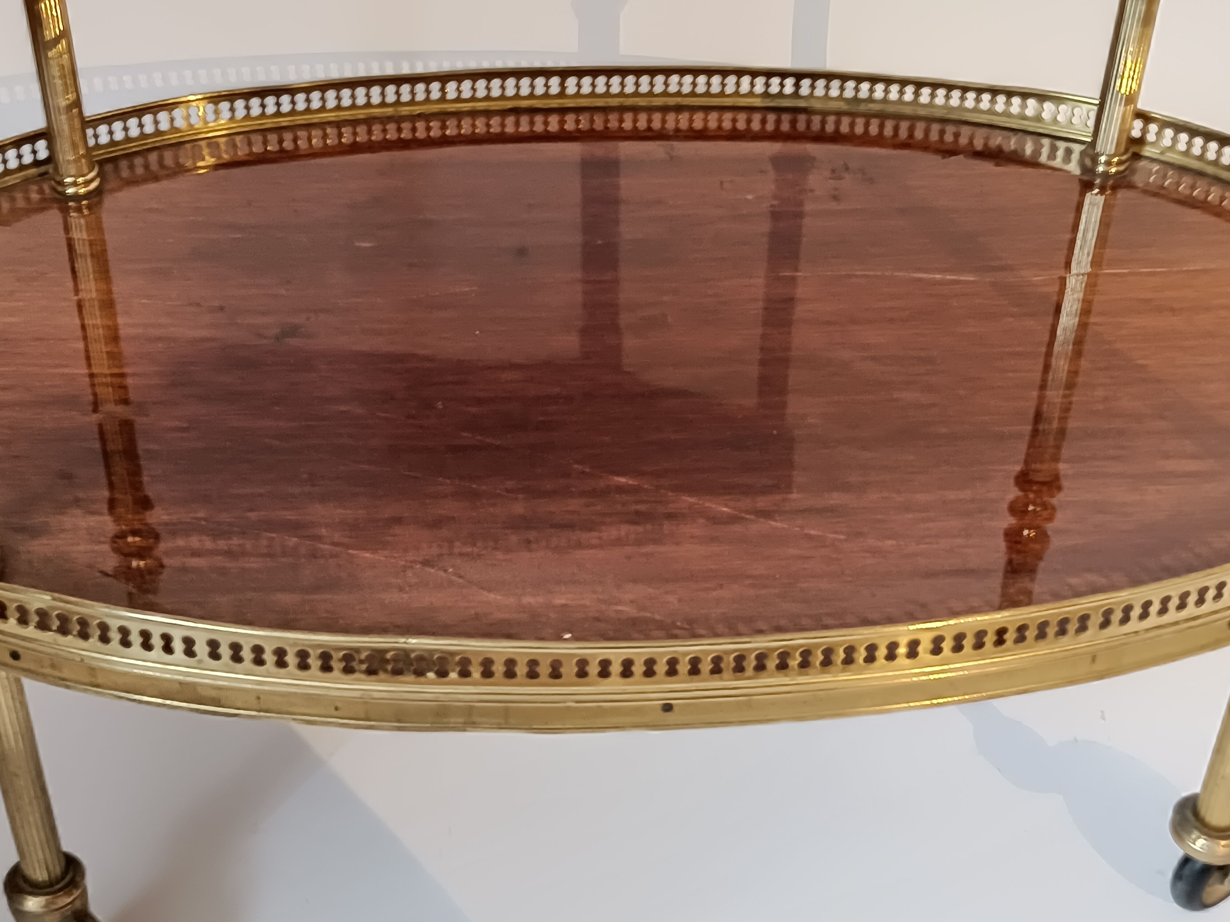 Rolling table dessert in golden brass and solid mahogany 1950/60