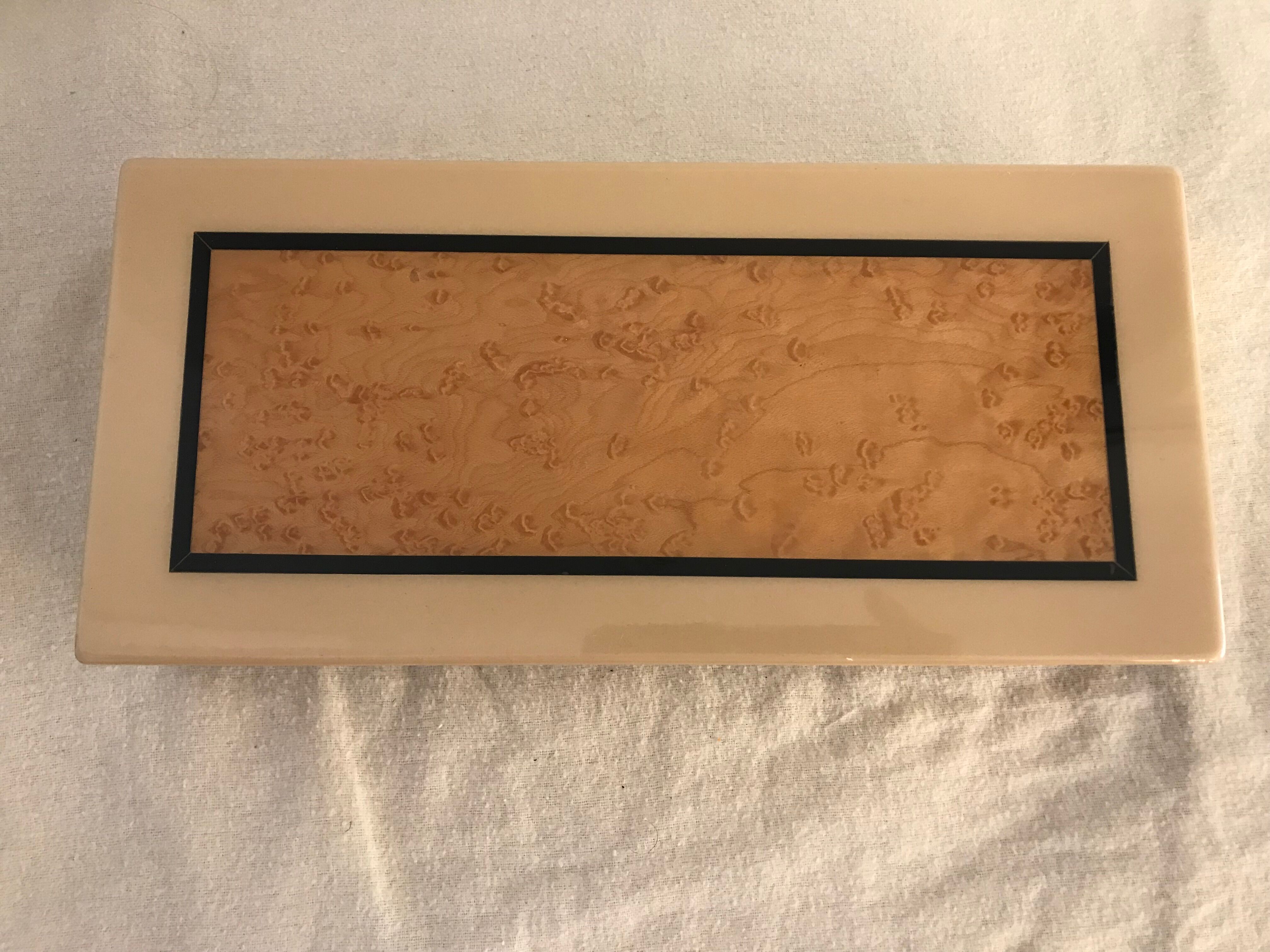 Rectangular mother-of-pearl and brass storage box 1970