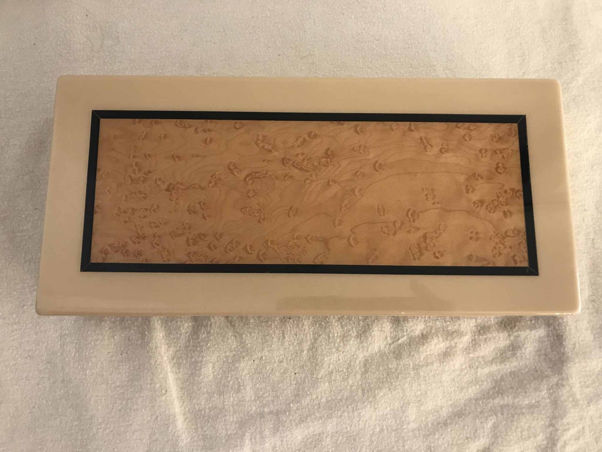Rectangular mother-of-pearl and brass storage box 1970