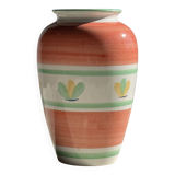 Large vintage pink vase with yellow and green stylized flower patterns H25