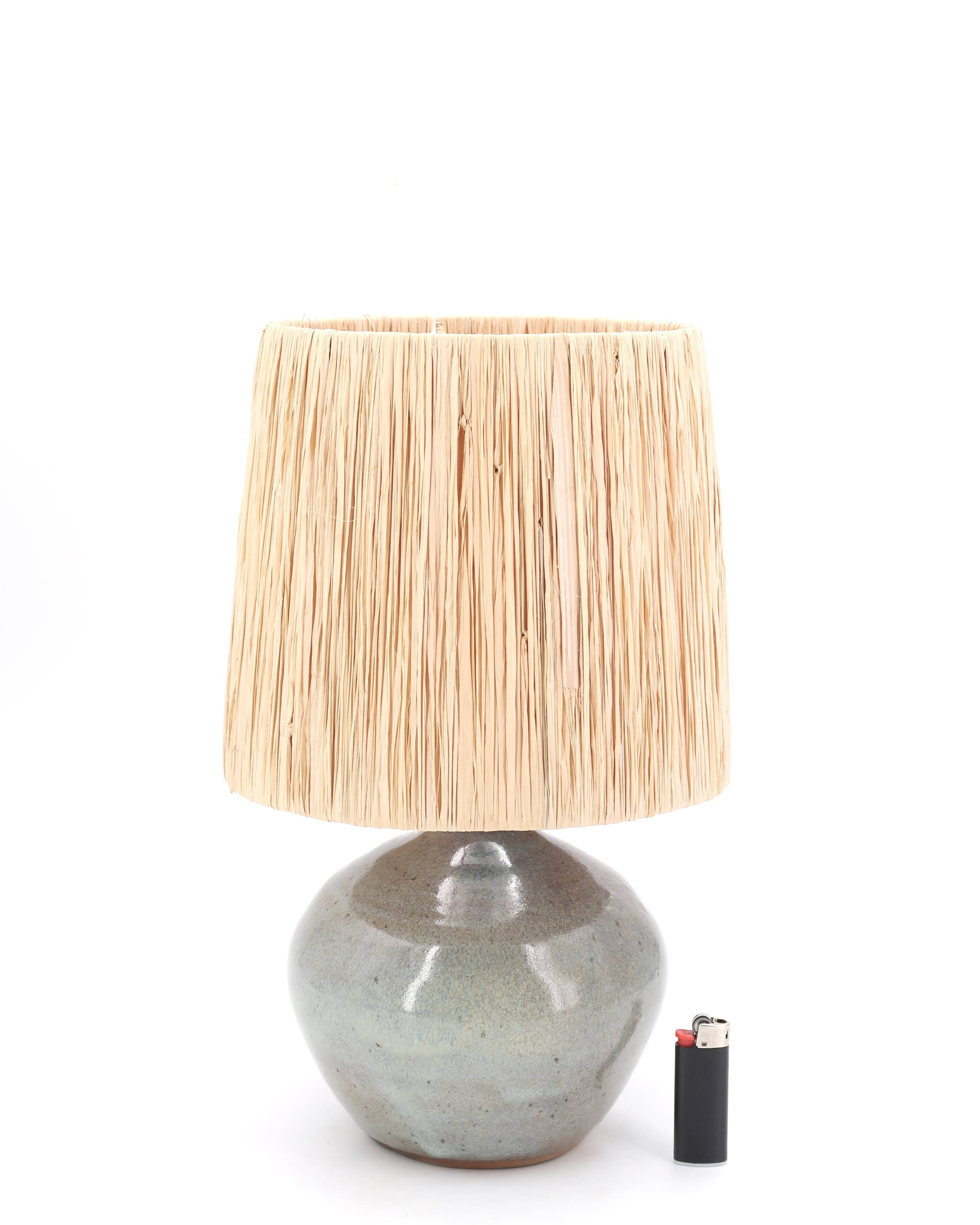 Grey-blue ceramic lamp, raffia lampshade, 1960s