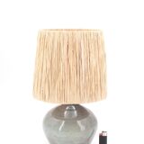Grey-blue ceramic lamp, raffia lampshade, 1960s