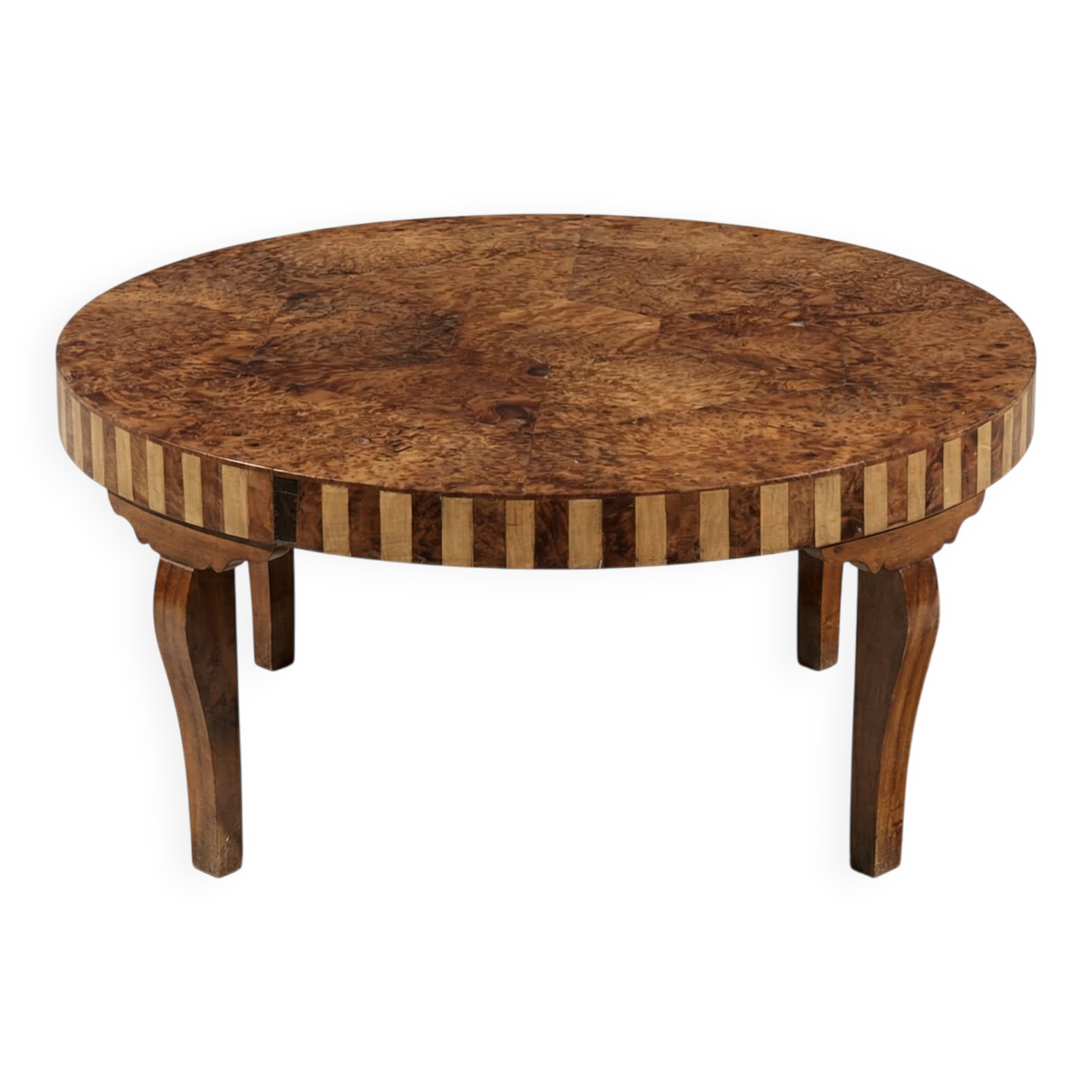 Round coffee table in Elm Burl, Art Deco decorative work - Year 1941