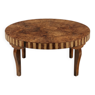 Table basse ronde en Loupe d’Orme, travail décoratif Art Déco - Années 1941
