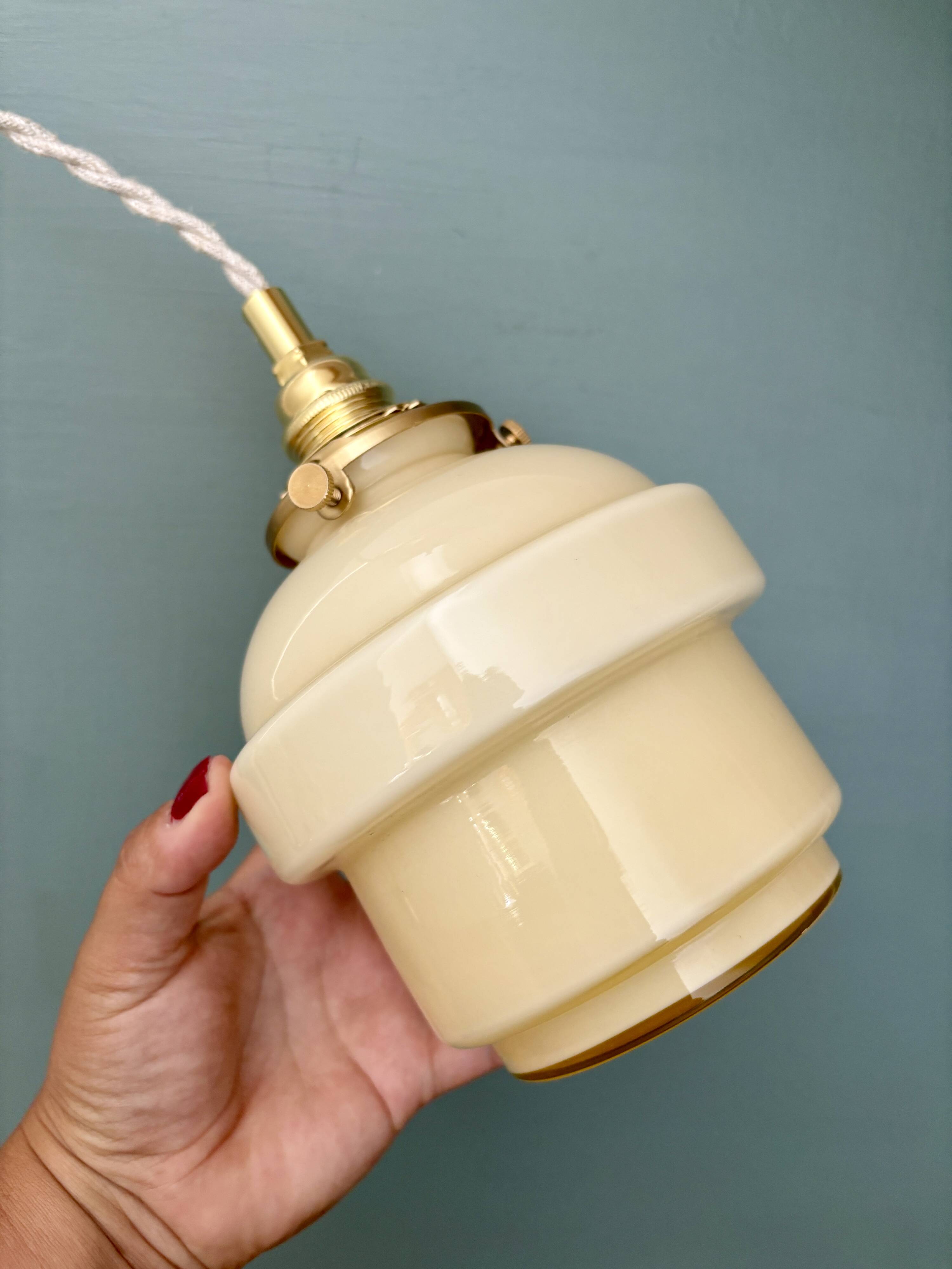 Vintage globe pendant light in pale yellow opaline glass