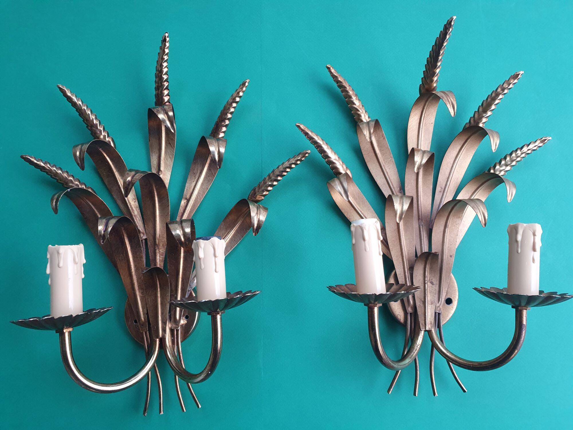Pair of antique gold wall sconces with wheat ear motif