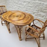Audoux Minet duo table with bamboo rattan and smoked glass armchairs