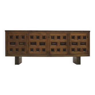 Vintage brutalist Spanish carved sideboard credenza
