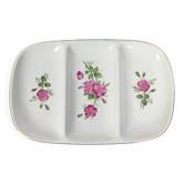 Plat de service trois compartiments en porcelaine à décor d'églantines roses