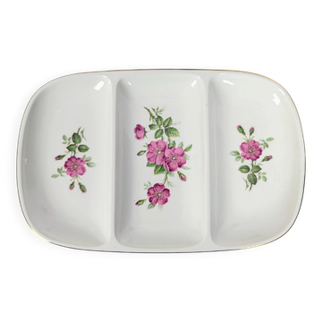 Three-compartment serving dish in porcelain with a decoration of pink wild roses.