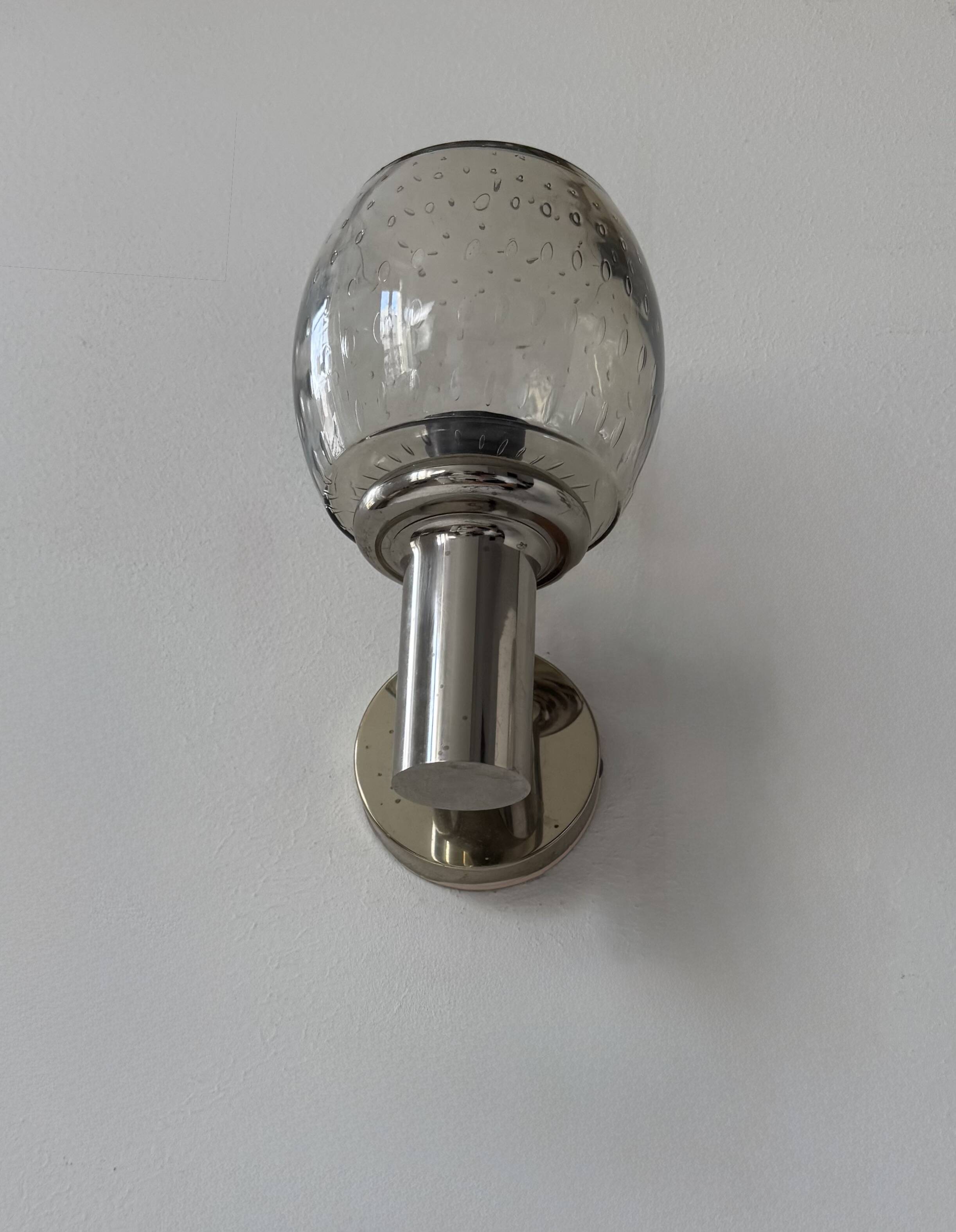 Pair of vintage wall lights, chromed metal and bubbled glass, France, 1960