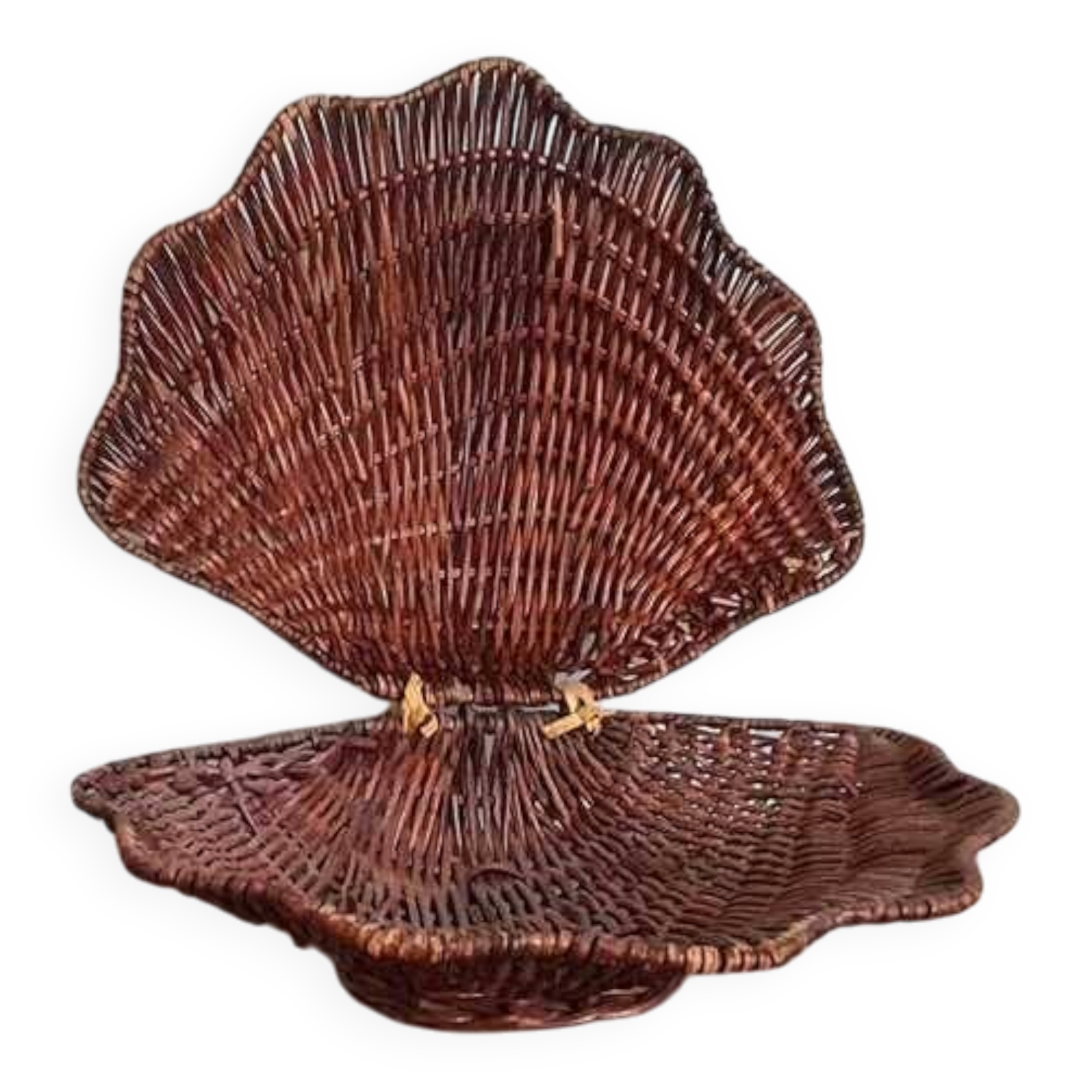 Vintage wicker shell basket, French bohemian decoration.