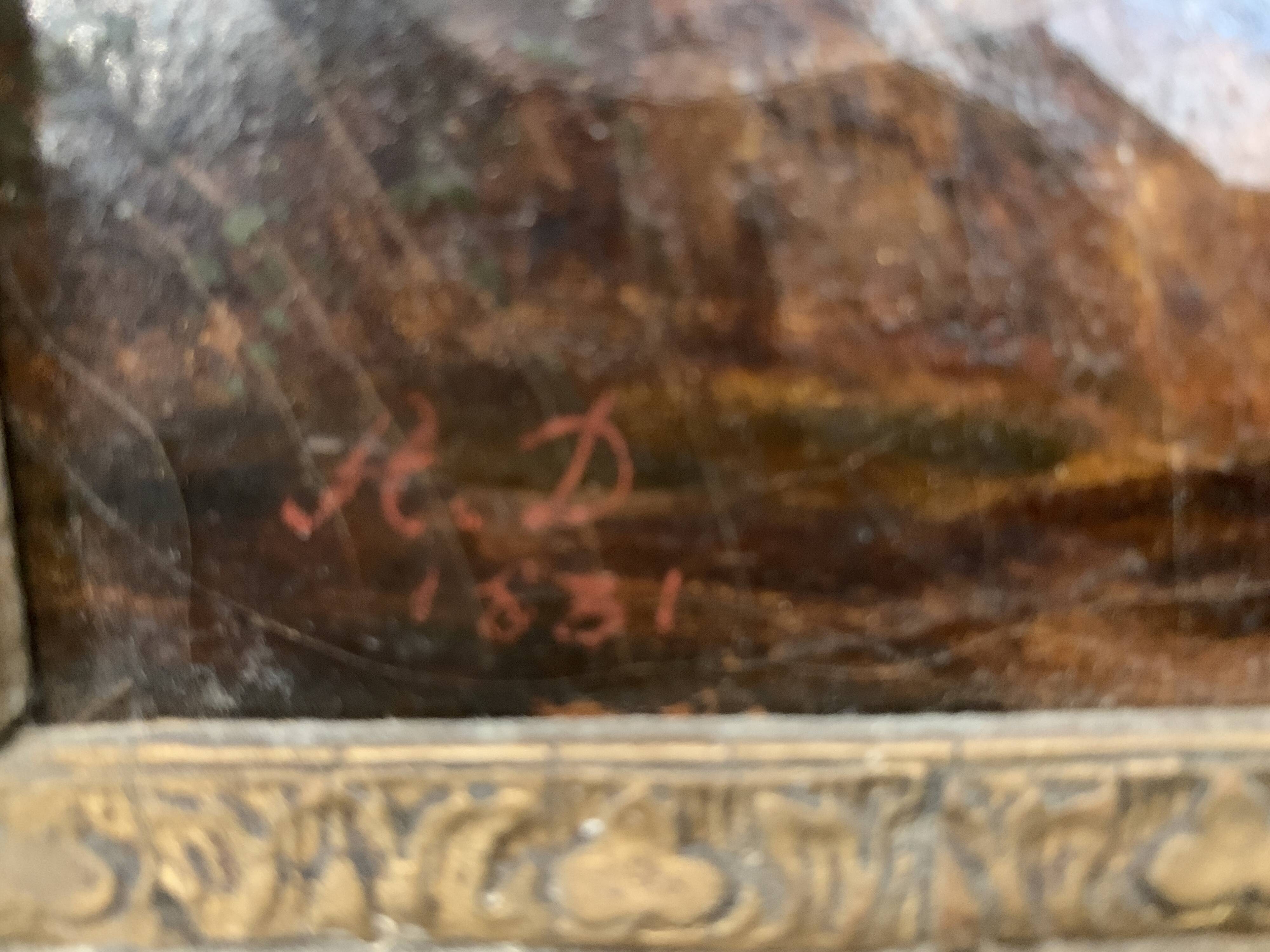 Oil on canvas "Animated landscape" wooden frame and gilded stucco 19th century