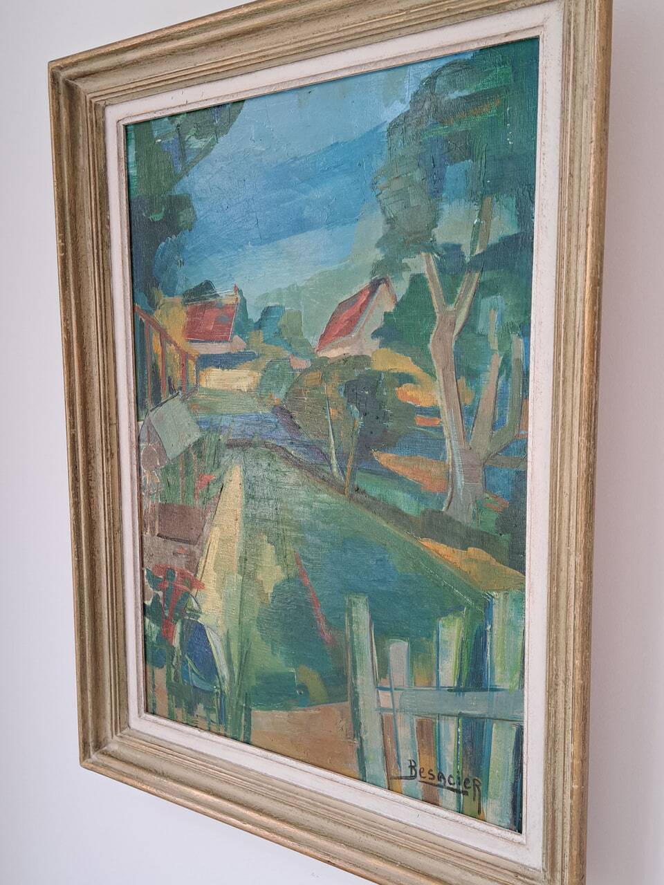 Oil painting on canvas signed Besacier — colourful village landscape