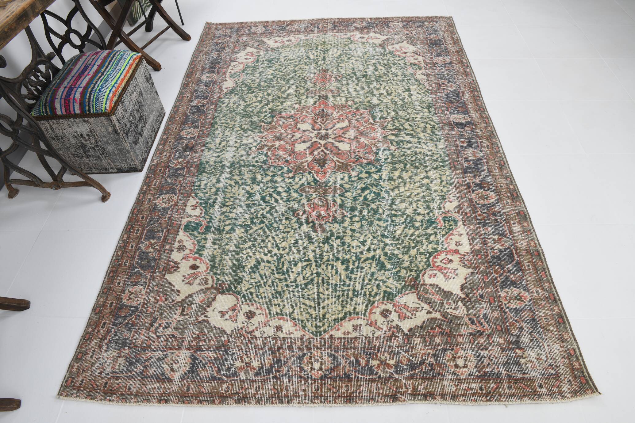 Green Beige Medallion vintage turkish Rug, hand made vintage carpet