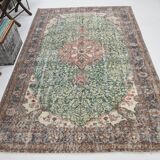 Green Beige Medallion vintage turkish Rug, hand made vintage carpet