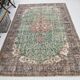 Tapis vintage turc fait main à décor de médaillon vert et beige