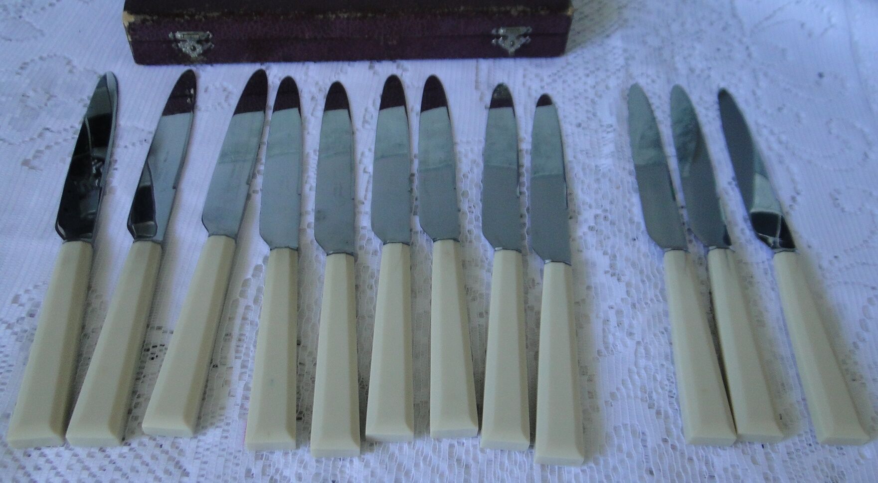 Set 10 old knives stainless blade white handle