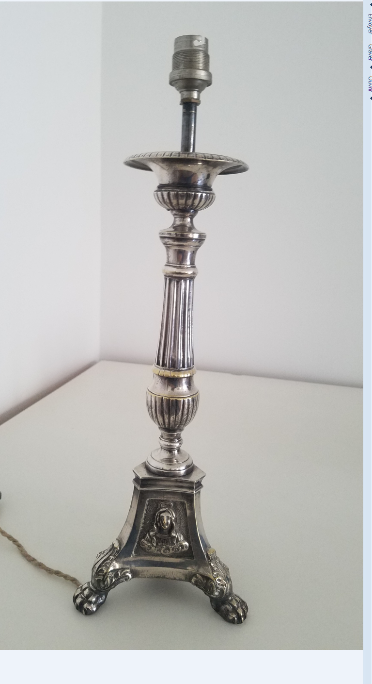 Silver metal lamp, old nineteenth electrified candle refurbished.