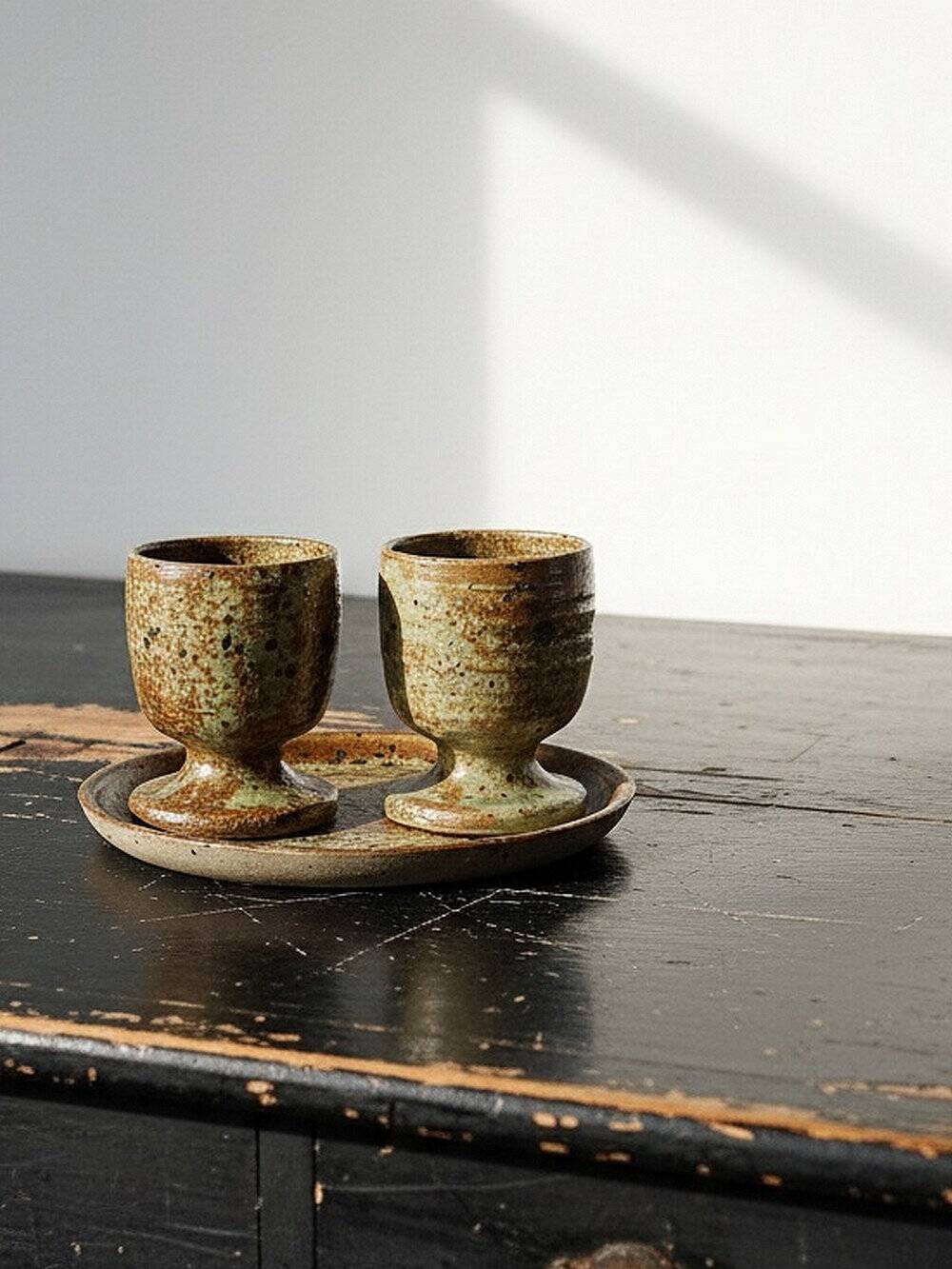 Set à café 2 tasses un plateau vintages grès pyrité style Baudat La Borne