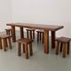 Solid elm dining set including 6 stools France 1970s