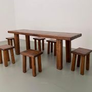 Solid elm dining set including 6 stools France 1970s