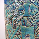 Vintage blue-green artisan pottery vase with incised tribal decoration Eseka Pottery.
