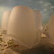 Chandelier of 5 corollas in white granite glass, central decoration with foliage 70s /80s