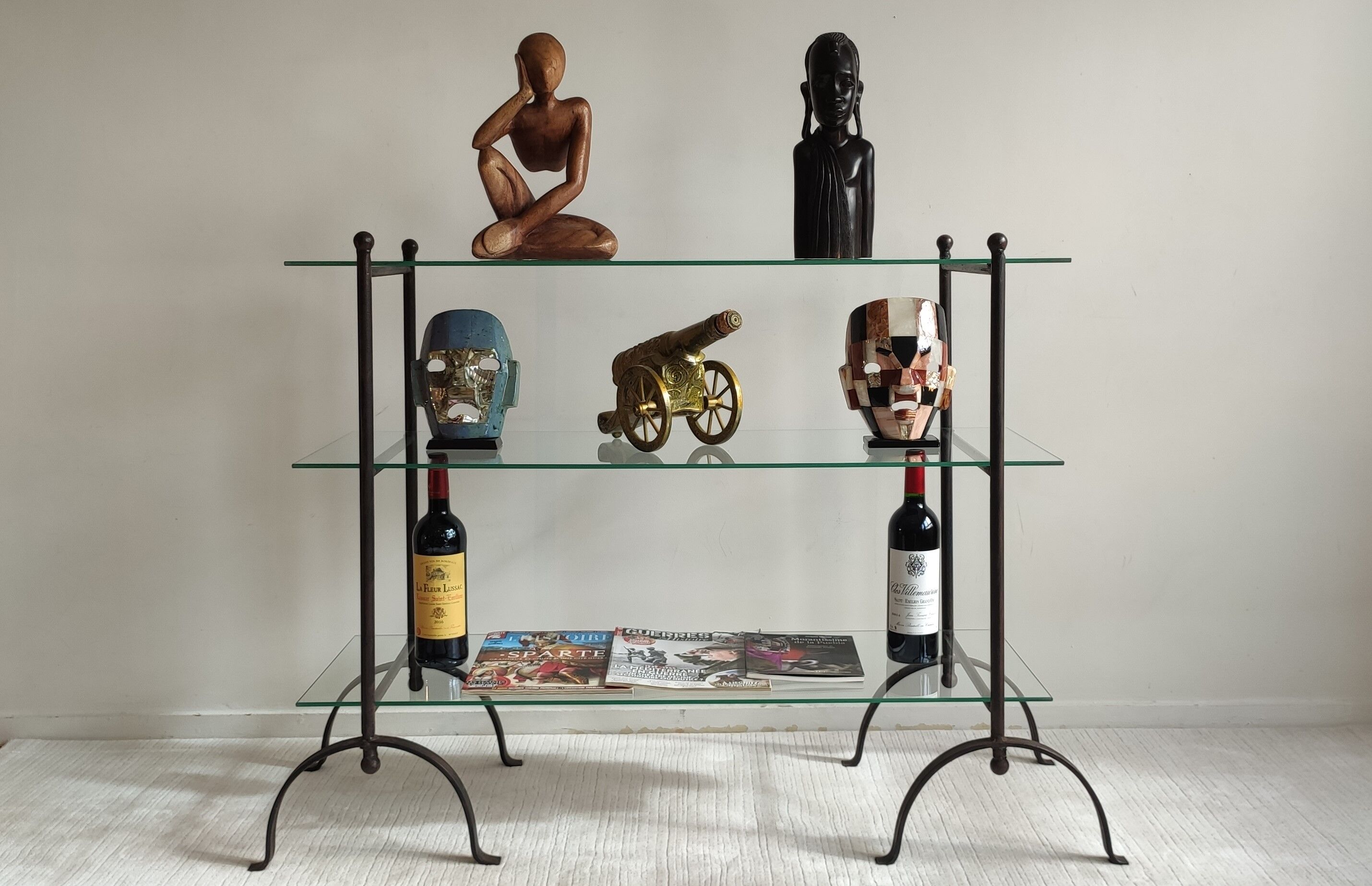 Beautiful Console 60'S feet wrought iron trestles with 3 TBEG glass trays