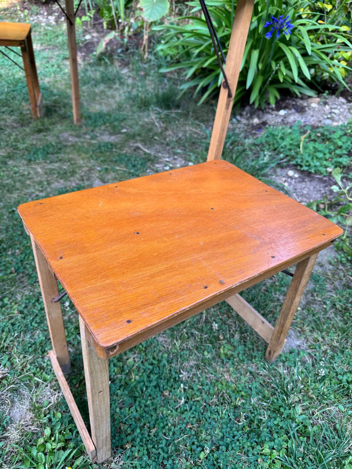 Old suitcase, table and stools, vintage wooden picnic