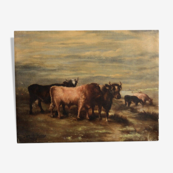 Tableau Huile sur Toile Vaches et taureau au pâturage Signé DE HAAS 1886