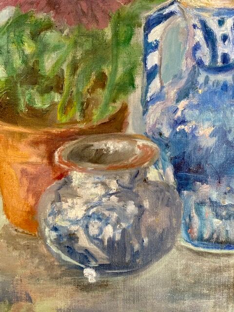 Ancient painting, still life in vase, flower pot and pitcher, signed, 20th century