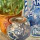 Ancient painting, still life in vase, flower pot and pitcher, signed, 20th century