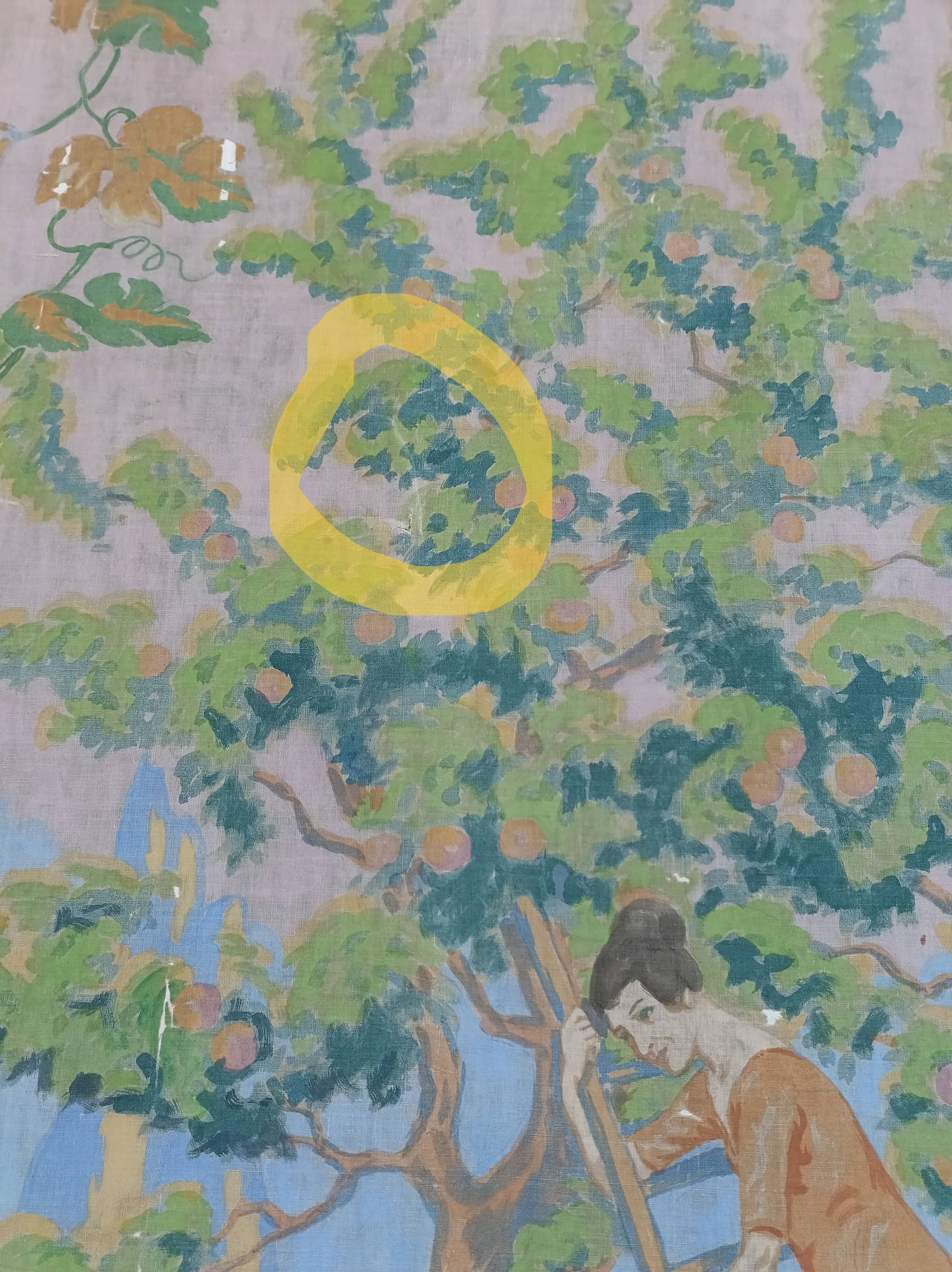 Large painting on canvas from the 20th century mounted on a frame - rural scene.