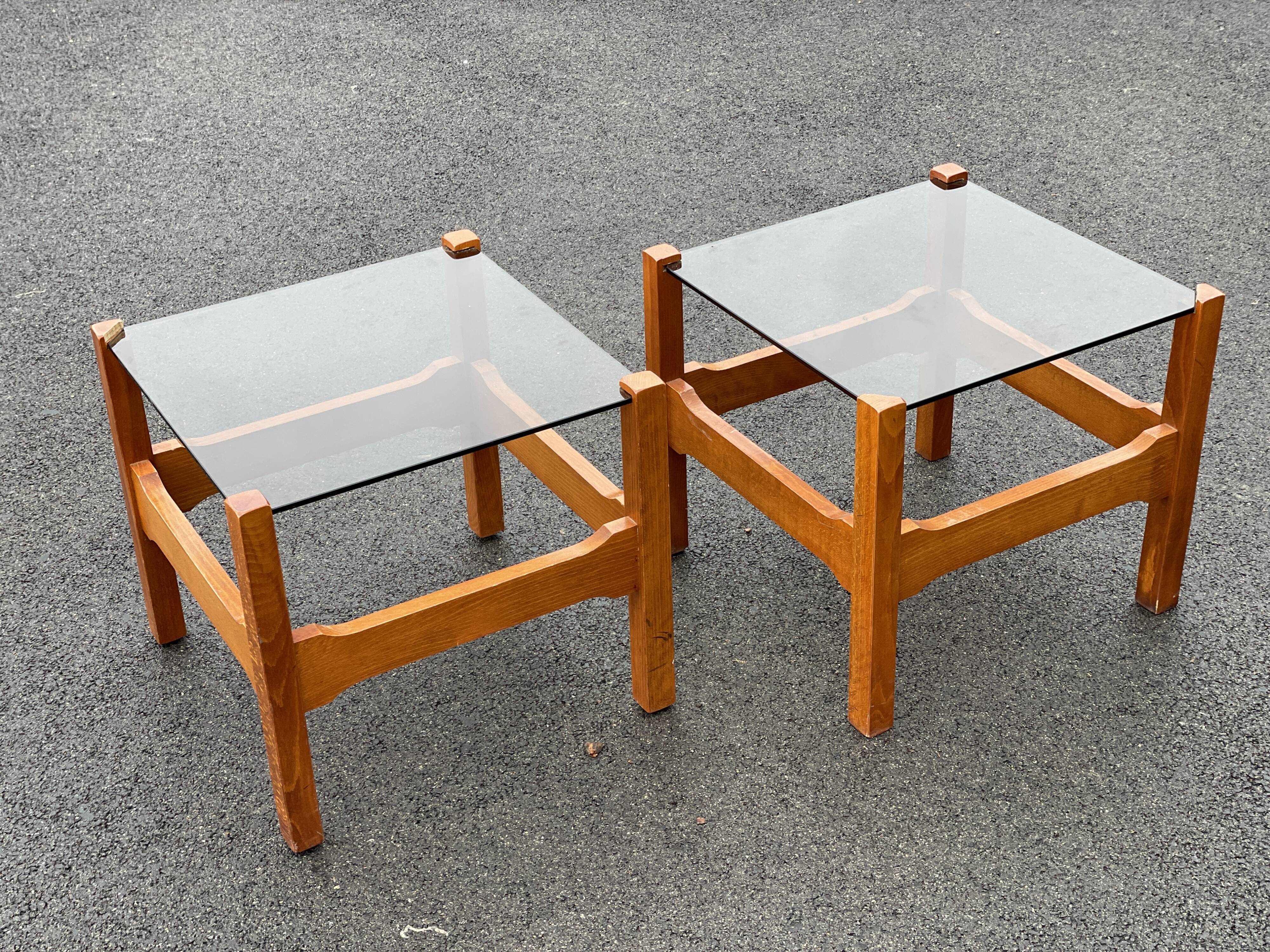 Pair end of sofa vintage wood smoked glass coffee table 1970