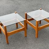 Pair end of sofa vintage wood smoked glass coffee table 1970