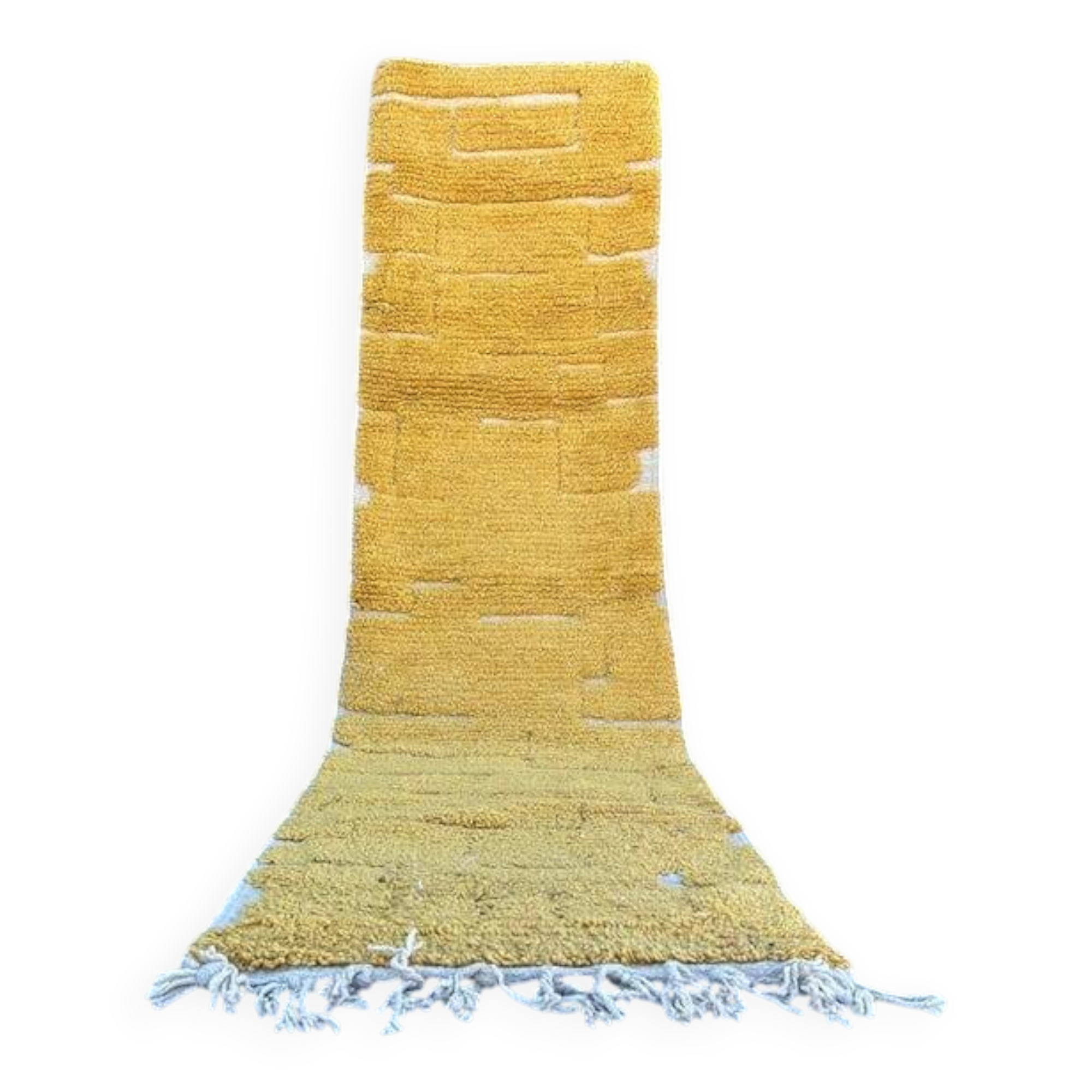 Handmade pure wool carpet in mustard yellow, size 75/300cm.